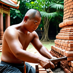 **Prompt:** A skilled Thai craftsman meticulously restoring an ancient Ayutthaya temple, focusing on the delicate brickwork and the blend of traditional techniques with modern tools. Capture the dedication and pride in preserving cultural heritage, set against a backdrop of lush Thai landscape.