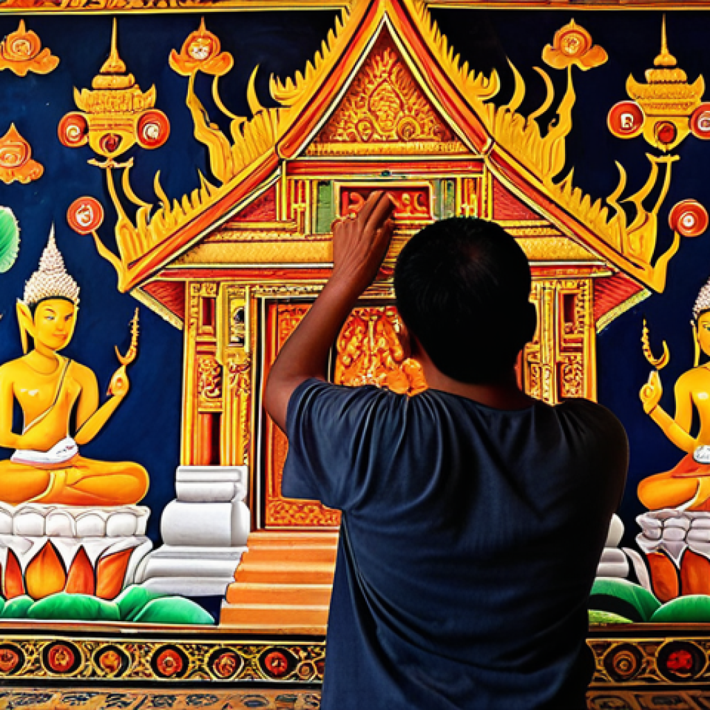 **

A Thai craftsman meticulously restoring an ancient temple mural. Focus on the delicate brushwork and vibrant colors. Incorporate traditional Thai patterns and architectural details. Lighting should highlight the intricacy of the work.

**