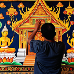 **

A Thai craftsman meticulously restoring an ancient temple mural. Focus on the delicate brushwork and vibrant colors. Incorporate traditional Thai patterns and architectural details. Lighting should highlight the intricacy of the work.

**