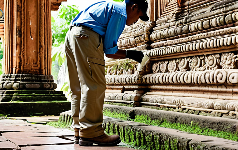 **
A professional conservationist, fully clothed in appropriate work attire (khaki pants, sturdy work boots, a light-colored button-down shirt), carefully cleaning a section of ornate stucco on an ancient temple wall in Ayutthaya, Thailand. The temple is partially ruined, with visible wear and tear. Sunlight streams through gaps in the structure, illuminating the work area. Safe for work, appropriate content, professional, modest, perfect anatomy, correct proportions, well-formed hands, natural pose, high quality.
**
