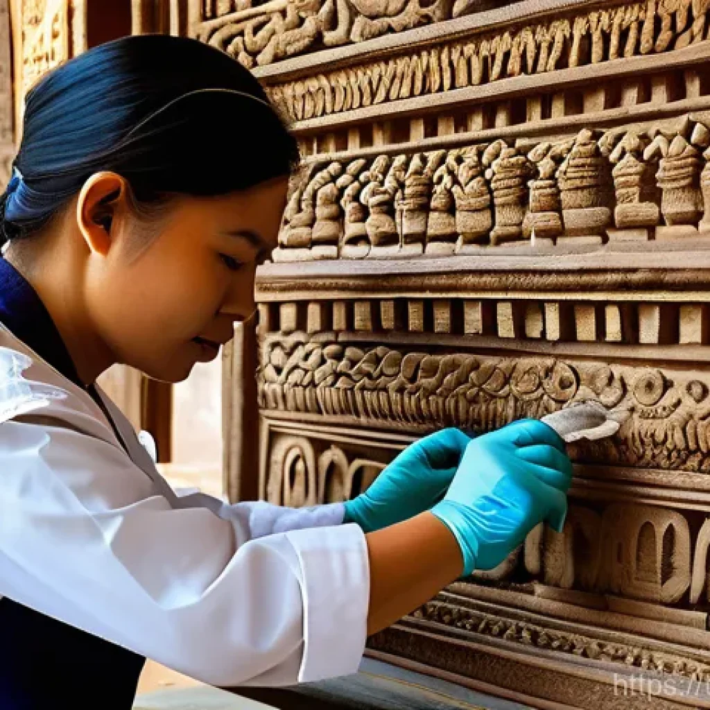 문화재수리기술자 초보자 가이드 - A highly detailed, realistic image of a dedicated Thai cultural heritage conservator, wearing a mode...