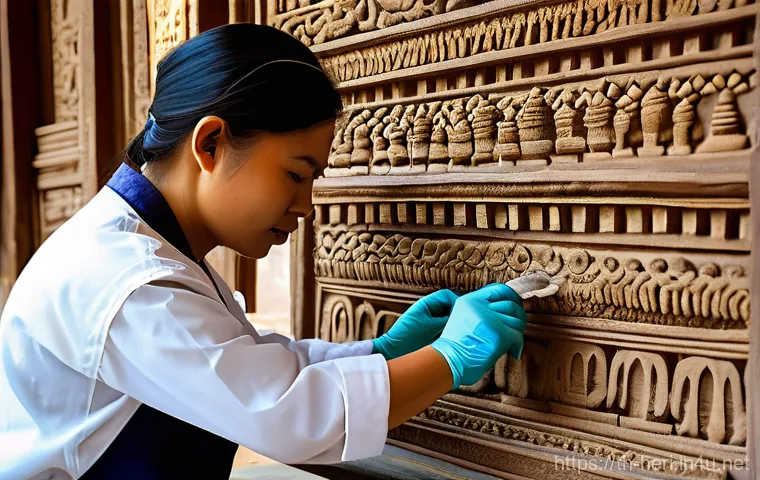 문화재수리기술자 초보자 가이드 - A highly detailed, realistic image of a dedicated Thai cultural heritage conservator, wearing a mode...