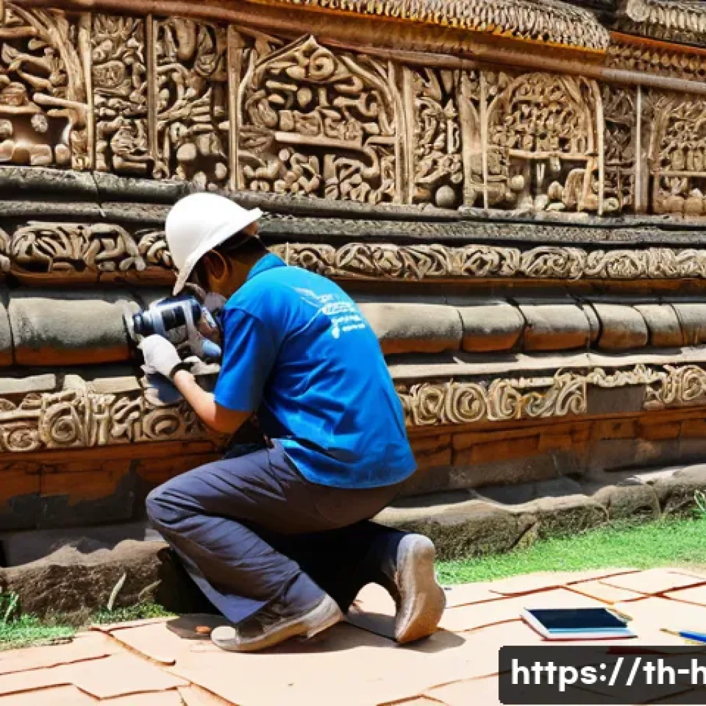 문화재수리기술자 업무 일기 작성법 - A detailed scene of a Thai heritage site restoration project in progress, showing a team of workers ...