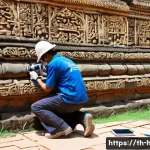 Home 22 문화재수리기술자 업무 일기 작성법 - A detailed scene of a Thai heritage site restoration project in progress, showing a team of workers ...
