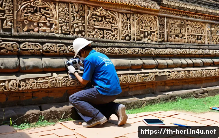문화재수리기술자 업무 일기 작성법 - A detailed scene of a Thai heritage site restoration project in progress, showing a team of workers ...