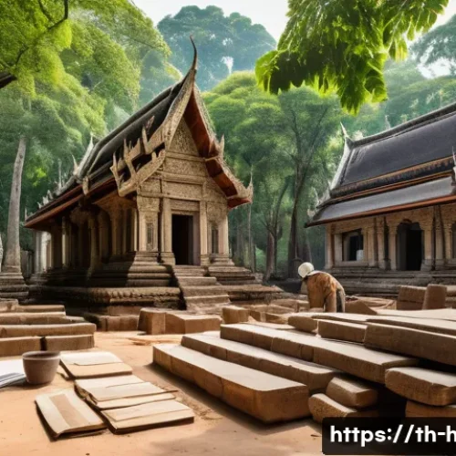 Home 33 문화재수리기술자 실기시험에서 피해야 할 실수 - A detailed scene of Thai heritage site restoration work, showing a diverse team of workers wearing s...