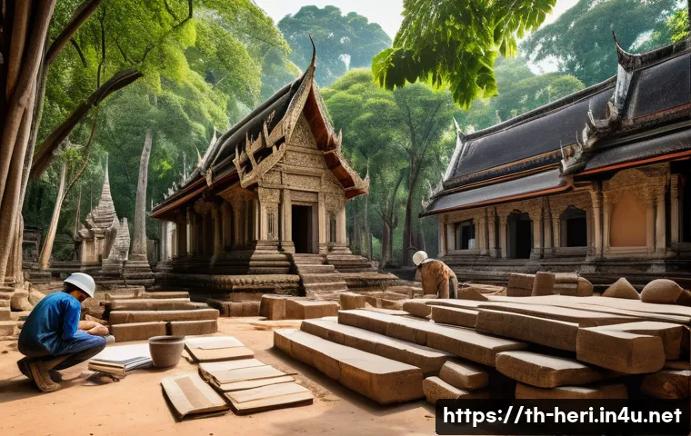 문화재수리기술자 실기시험에서 피해야 할 실수 - A detailed scene of Thai heritage site restoration work, showing a diverse team of workers wearing s...