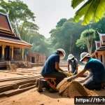 Home 20 문화재수리기술자 현장 실습 경험담 - A detailed scene of a team of diverse restoration experts working together on an ancient Thai temple...