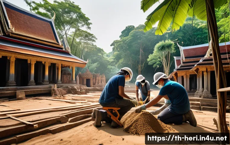 문화재수리기술자 현장 실습 경험담 - A detailed scene of a team of diverse restoration experts working together on an ancient Thai temple...