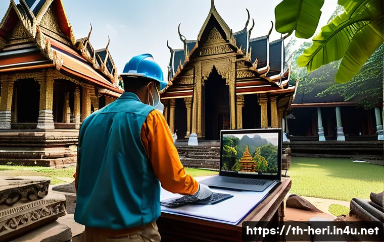 문화재수리기술자 채용 시장 트렌드 - A detailed scene of Thai cultural heritage restoration experts working on an ancient temple in Thail...