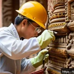 Home 18 문화재수리기술자 자격증과 타 자격증 비교 - A skilled cultural heritage restoration technician carefully repairing an ancient Thai temple wall u...