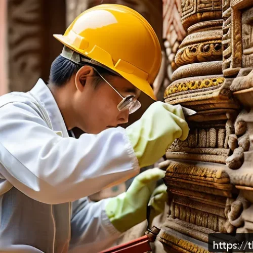 Home 30 문화재수리기술자 자격증과 타 자격증 비교 - A skilled cultural heritage restoration technician carefully repairing an ancient Thai temple wall u...