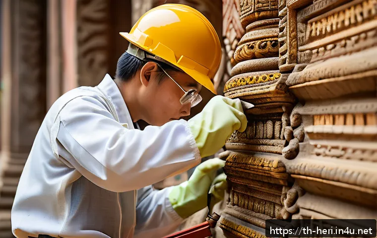 문화재수리기술자 자격증과 타 자격증 비교 - A skilled cultural heritage restoration technician carefully repairing an ancient Thai temple wall u...