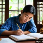 Home 23 문화재수리기술자 필기시험 고득점 비법 - A focused young Thai student studying ancient monument restoration, sitting at a wooden desk with tr...