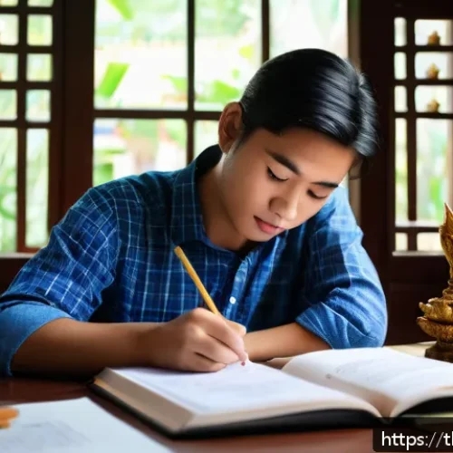 Home 29 문화재수리기술자 필기시험 고득점 비법 - A focused young Thai student studying ancient monument restoration, sitting at a wooden desk with tr...
