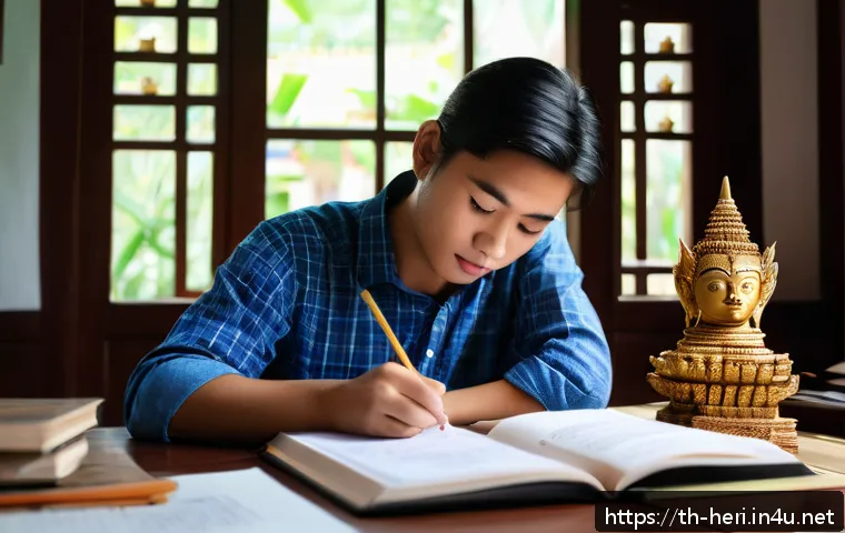 문화재수리기술자 필기시험 고득점 비법 - A focused young Thai student studying ancient monument restoration, sitting at a wooden desk with tr...