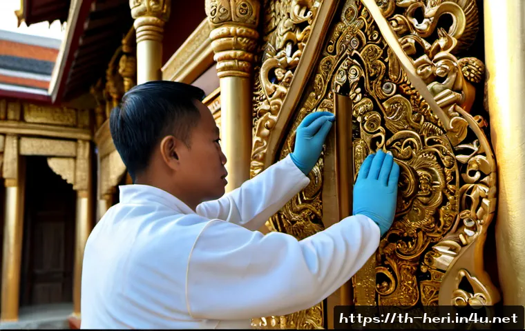 Home 17 문화재수리기술자 자격증 소지자의 연봉 분포 - Photorealistic Thai cultural heritage restoration specialist carefully repairing ornate gilded detai...